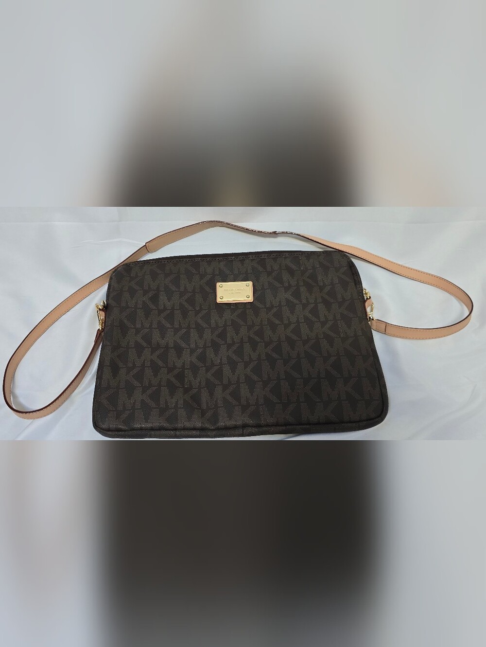 Michael Kors MK Signature Brown Laptop Crossbody Sleeve Bag Gold Hardware